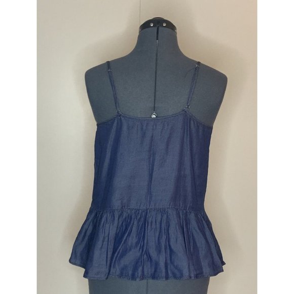 Denim Look tiny white Dot Spaghetti Strap Flounce Bottom Ruffle Tank Top Size XS - Picture 2 of 6